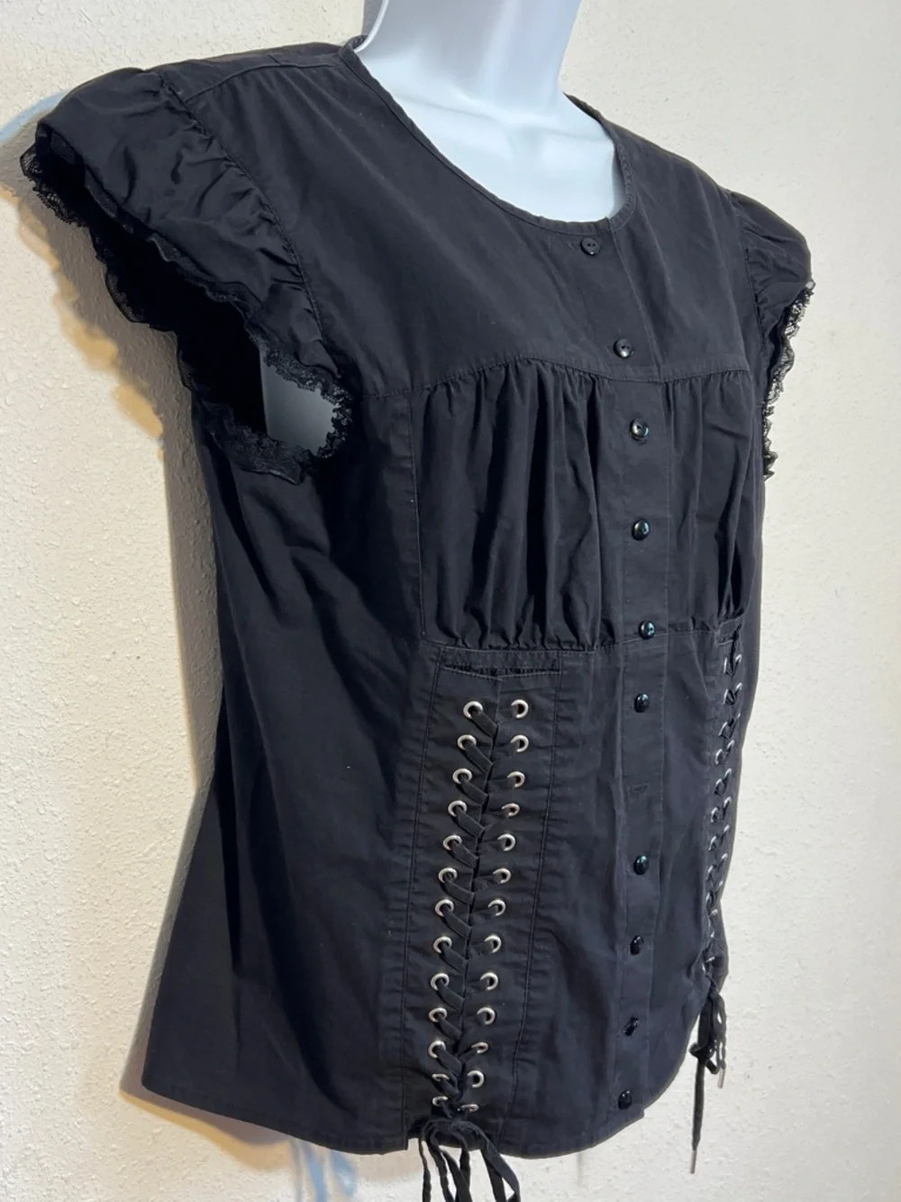 Moda International Black Lace-Trim Button Front Blouse with Corset Lacing Large - Picture 4 of 12
